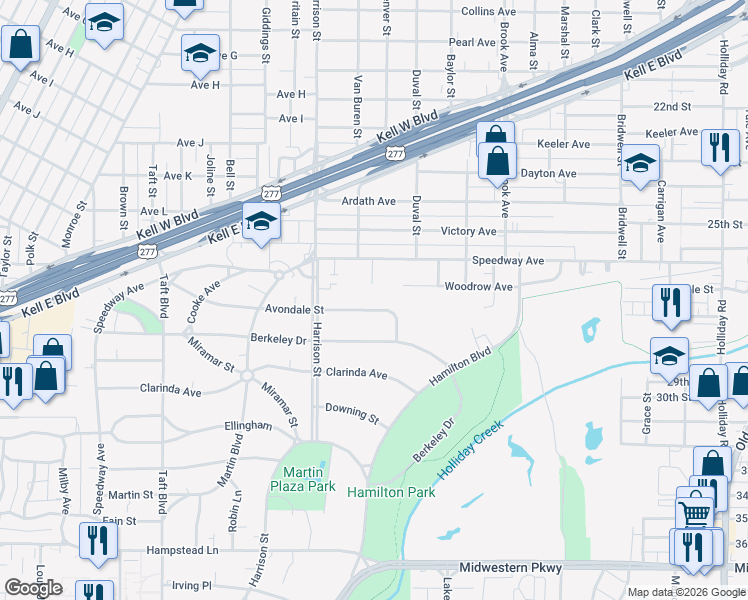 map of restaurants, bars, coffee shops, grocery stores, and more near 2016 Avondale Street in Wichita Falls