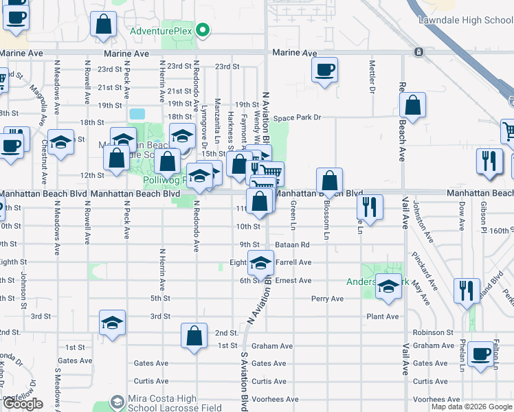 map of restaurants, bars, coffee shops, grocery stores, and more near 1845 11th Street in Manhattan Beach