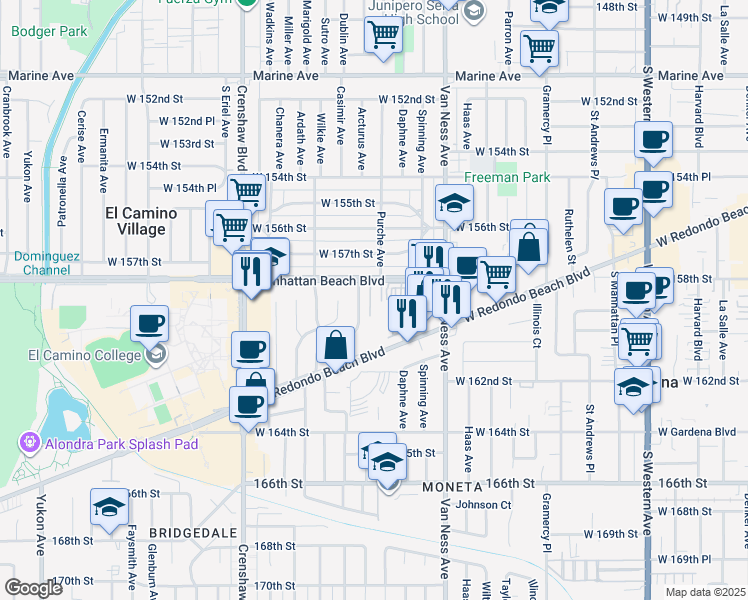 map of restaurants, bars, coffee shops, grocery stores, and more near 15825 Arcturus Avenue in Gardena