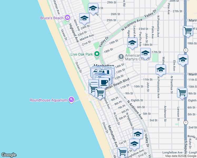 map of restaurants, bars, coffee shops, grocery stores, and more near 1300 Highland Avenue in Manhattan Beach