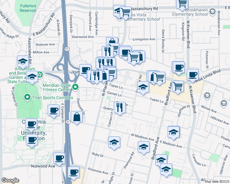 map of restaurants, bars, coffee shops, grocery stores, and more near 3037 Garnet Lane in Fullerton