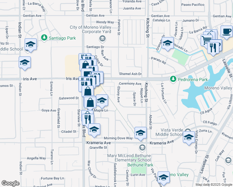 map of restaurants, bars, coffee shops, grocery stores, and more near 16109 Ebony Avenue in Moreno Valley