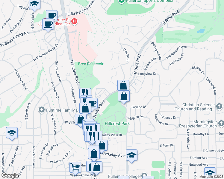 map of restaurants, bars, coffee shops, grocery stores, and more near 1400 Elks View Lane in Fullerton