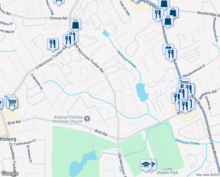 map of restaurants, bars, coffee shops, grocery stores, and more near 6462 Payton Woods Lane in Tucker