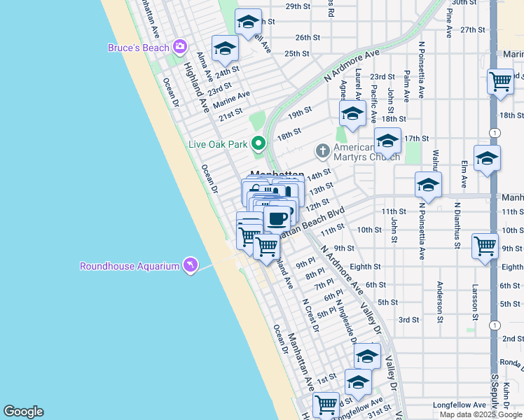 map of restaurants, bars, coffee shops, grocery stores, and more near 316 13th Street in Manhattan Beach