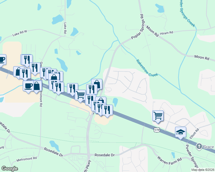 map of restaurants, bars, coffee shops, grocery stores, and more near 103 Stallion Way in Hiram
