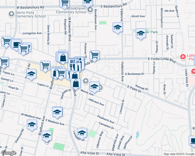 map of restaurants, bars, coffee shops, grocery stores, and more near 421 Larry Lane in Placentia