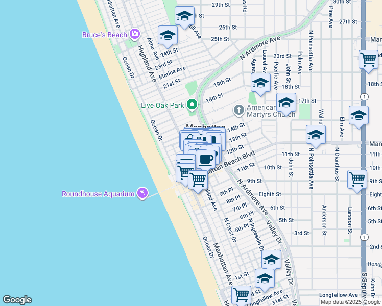 map of restaurants, bars, coffee shops, grocery stores, and more near 1320 Highland Avenue in Manhattan Beach