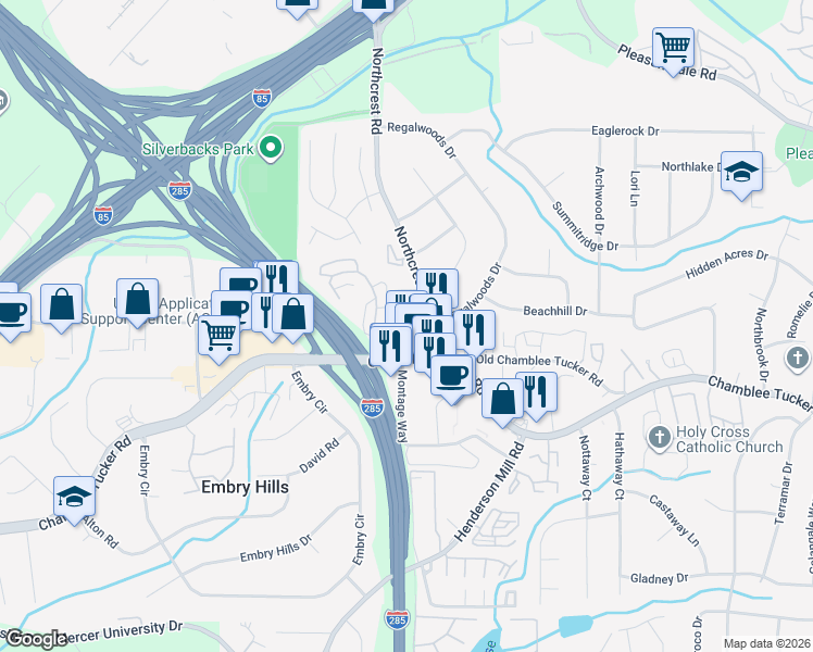 map of restaurants, bars, coffee shops, grocery stores, and more near 3318 Northcrest Road in Doraville