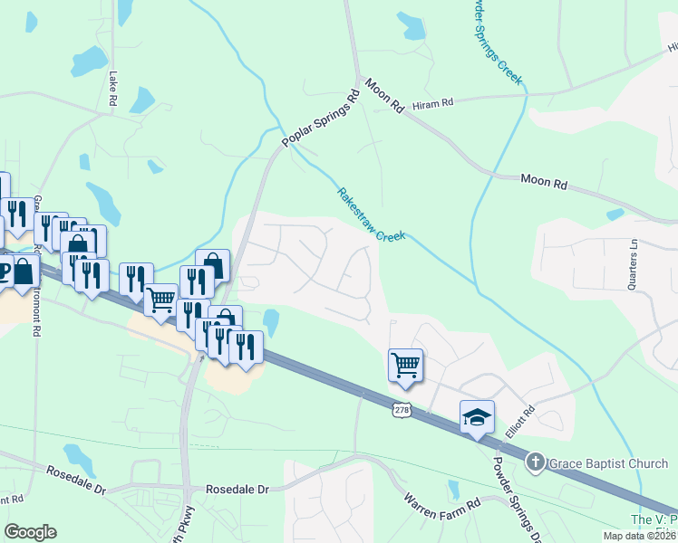 map of restaurants, bars, coffee shops, grocery stores, and more near 51 Spur Lane in Hiram