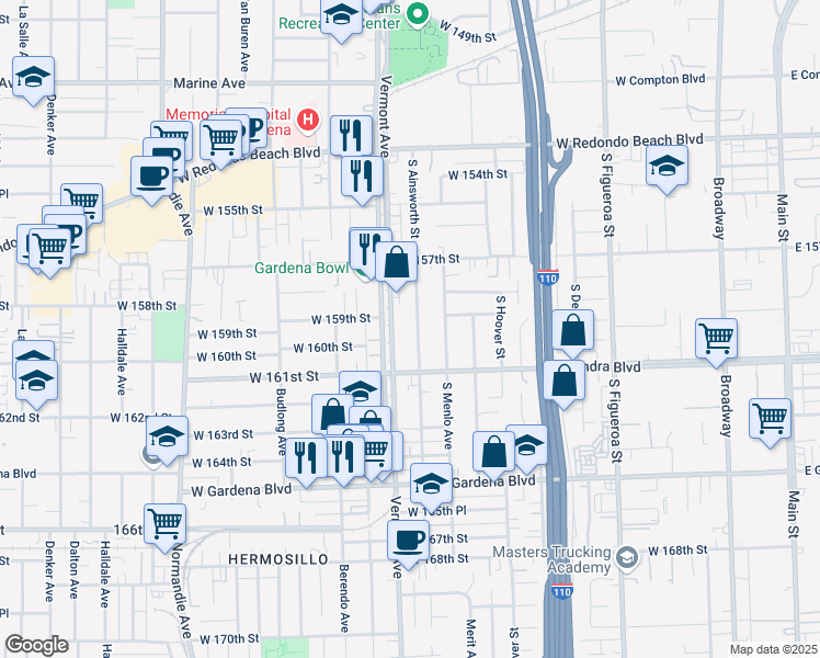 map of restaurants, bars, coffee shops, grocery stores, and more near 15920 South Ainsworth Street in Gardena