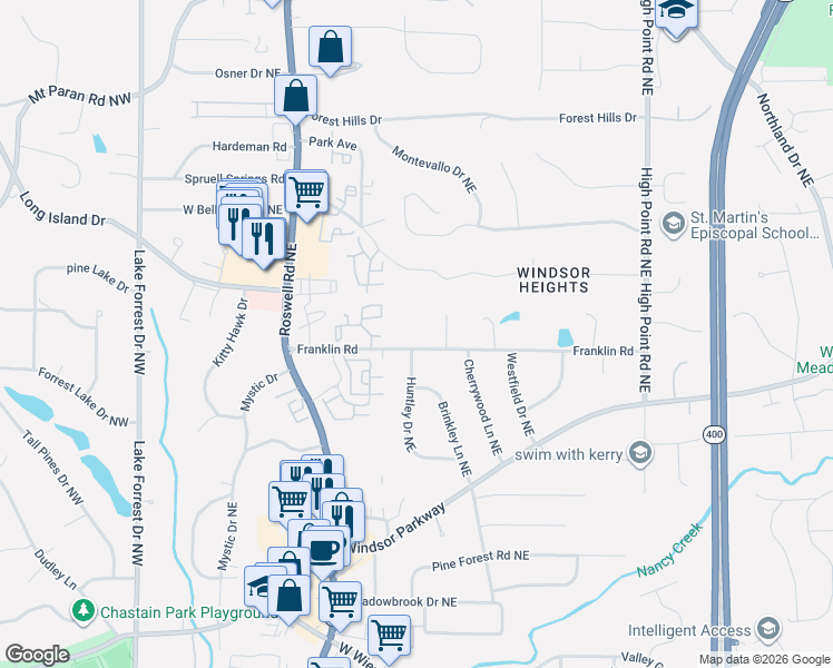 map of restaurants, bars, coffee shops, grocery stores, and more near 330 Franklin Road in Sandy Springs