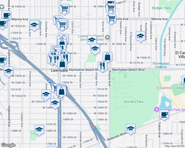 map of restaurants, bars, coffee shops, grocery stores, and more near 4117 159th Street in Lawndale