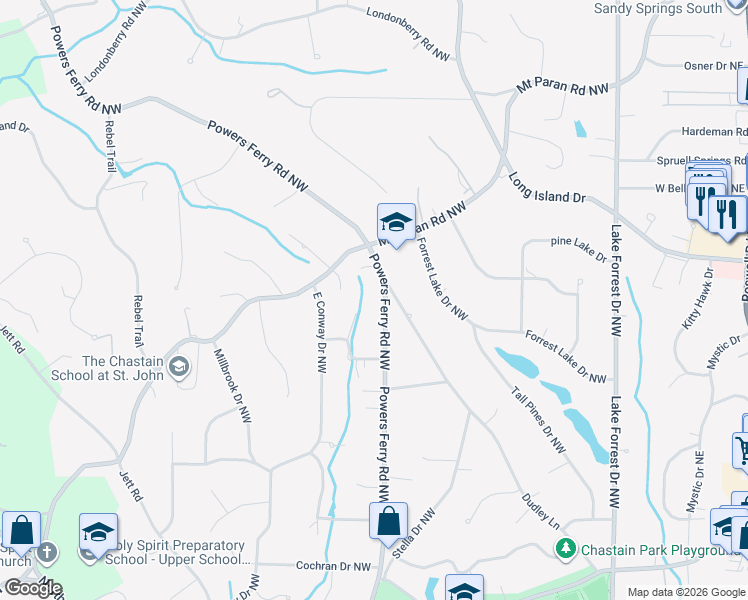 map of restaurants, bars, coffee shops, grocery stores, and more near 4820 Powers Ferry Road Northwest in Atlanta