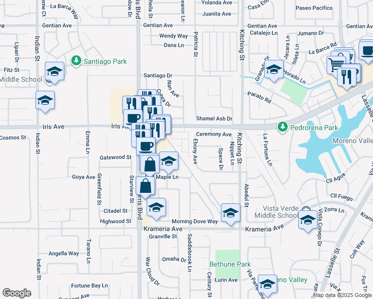 map of restaurants, bars, coffee shops, grocery stores, and more near 16095 Botanical Street in Moreno Valley