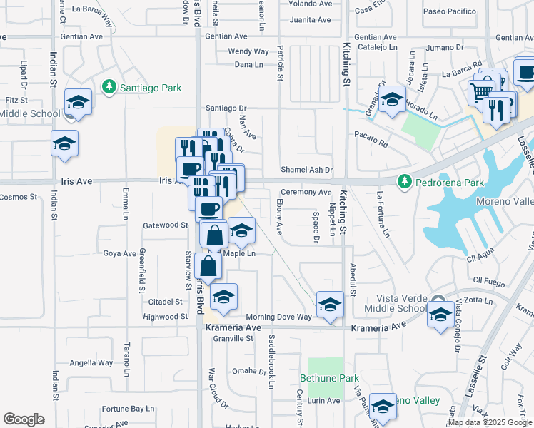 map of restaurants, bars, coffee shops, grocery stores, and more near 16095 Botanical Street in Moreno Valley