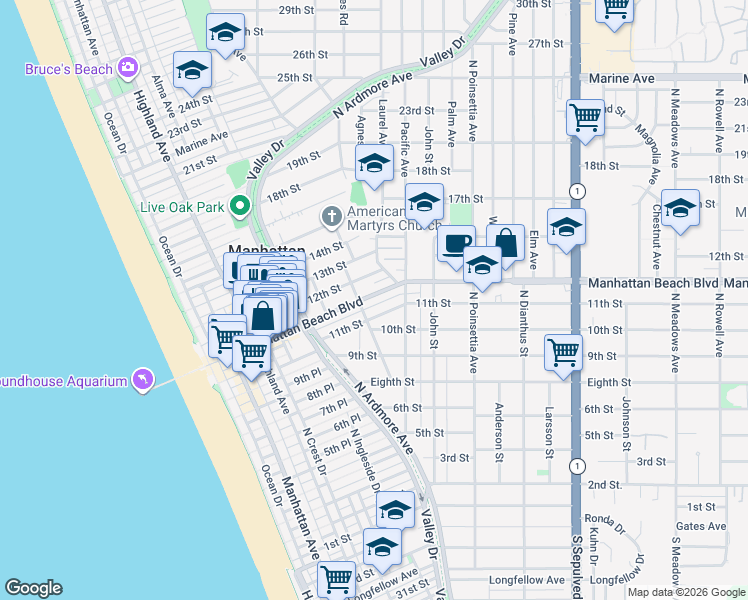 map of restaurants, bars, coffee shops, grocery stores, and more near 724 Manhattan Beach Boulevard in Manhattan Beach