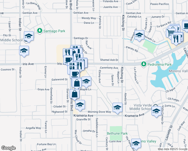 map of restaurants, bars, coffee shops, grocery stores, and more near 16109 Ebony Avenue in Moreno Valley