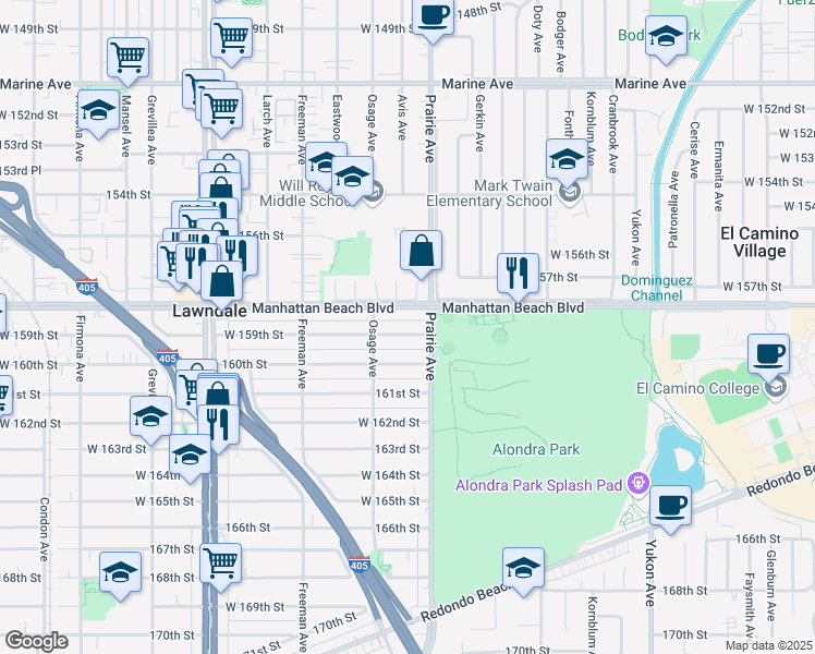 map of restaurants, bars, coffee shops, grocery stores, and more near 4027 159th Street in Lawndale