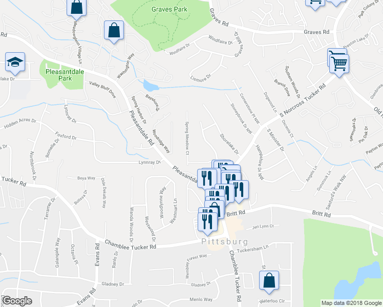 map of restaurants, bars, coffee shops, grocery stores, and more near 3305 Spring Meadow Court in Tucker