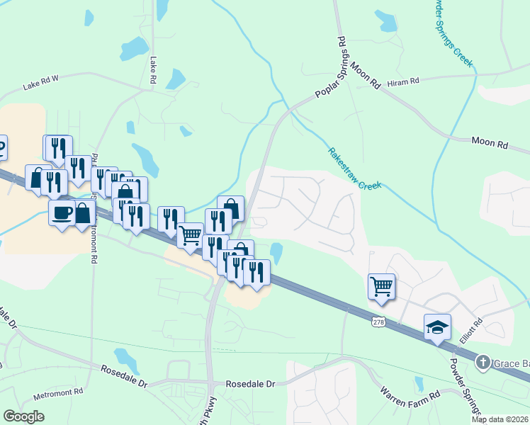 map of restaurants, bars, coffee shops, grocery stores, and more near 77 Stallion Way in Hiram