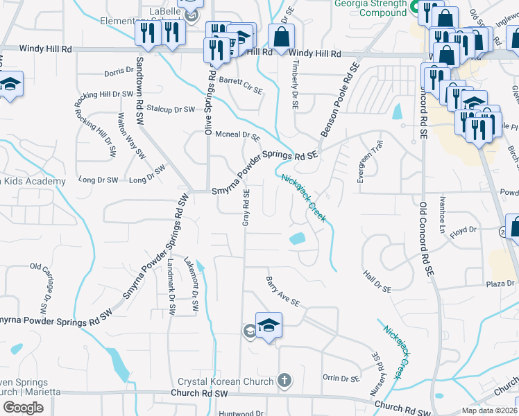 map of restaurants, bars, coffee shops, grocery stores, and more near 2714 Sanibel Lane Southeast in Smyrna