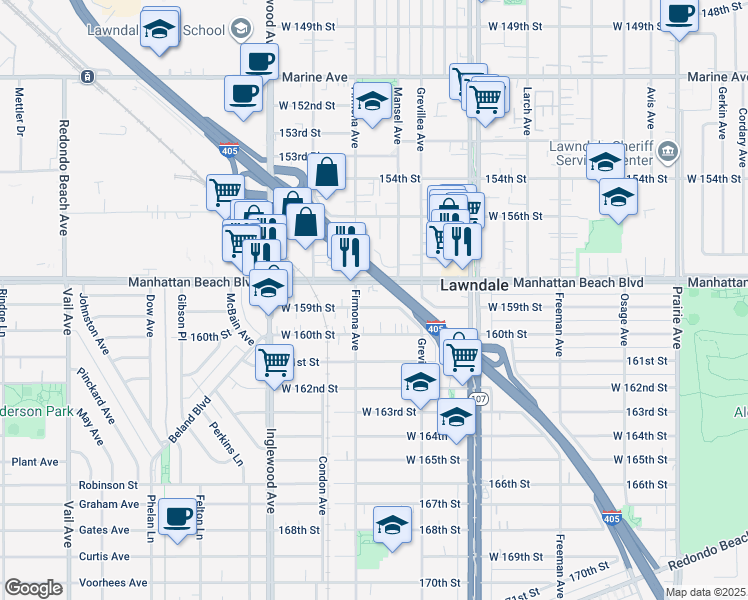 map of restaurants, bars, coffee shops, grocery stores, and more near 4561 West 159th Street in Lawndale