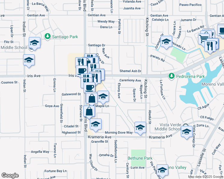map of restaurants, bars, coffee shops, grocery stores, and more near 16109 Ebony Avenue in Moreno Valley