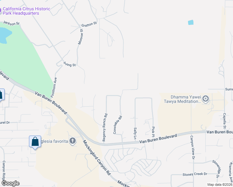 map of restaurants, bars, coffee shops, grocery stores, and more near 16011 Regency Ranch Road in Riverside