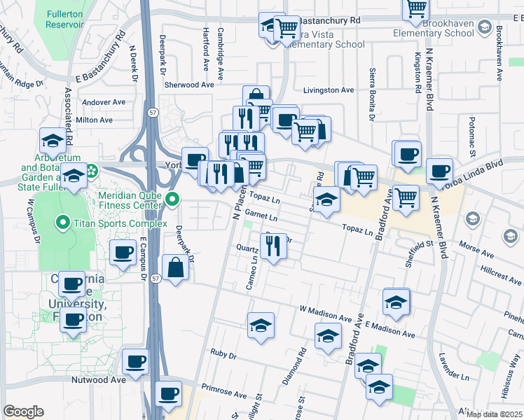 map of restaurants, bars, coffee shops, grocery stores, and more near 3018 Garnet Lane in Fullerton
