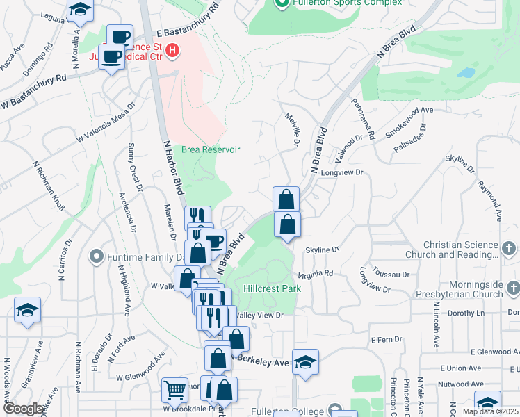 map of restaurants, bars, coffee shops, grocery stores, and more near 1400 Elks View Lane in Fullerton