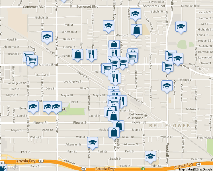 map of restaurants, bars, coffee shops, grocery stores, and more near in Bellflower