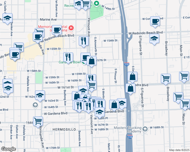 map of restaurants, bars, coffee shops, grocery stores, and more near 15920 South Ainsworth Street in Gardena