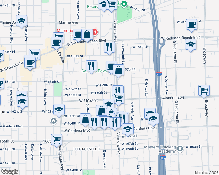 map of restaurants, bars, coffee shops, grocery stores, and more near in Gardena