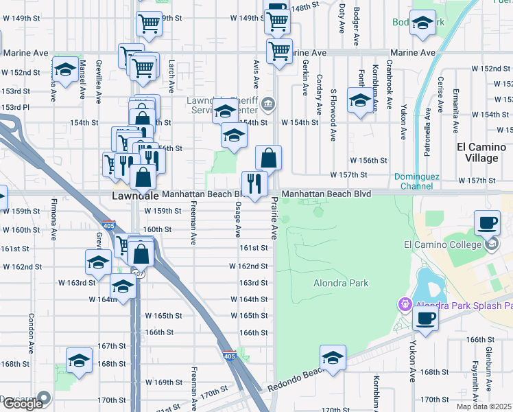 map of restaurants, bars, coffee shops, grocery stores, and more near 4045 159th Street in Lawndale