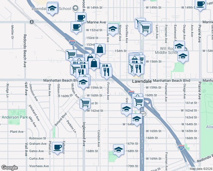 map of restaurants, bars, coffee shops, grocery stores, and more near 4609 West 159th Street in Lawndale