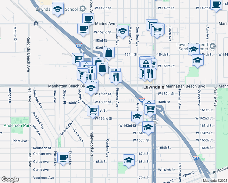 map of restaurants, bars, coffee shops, grocery stores, and more near 4579 West 159th Street in Lawndale