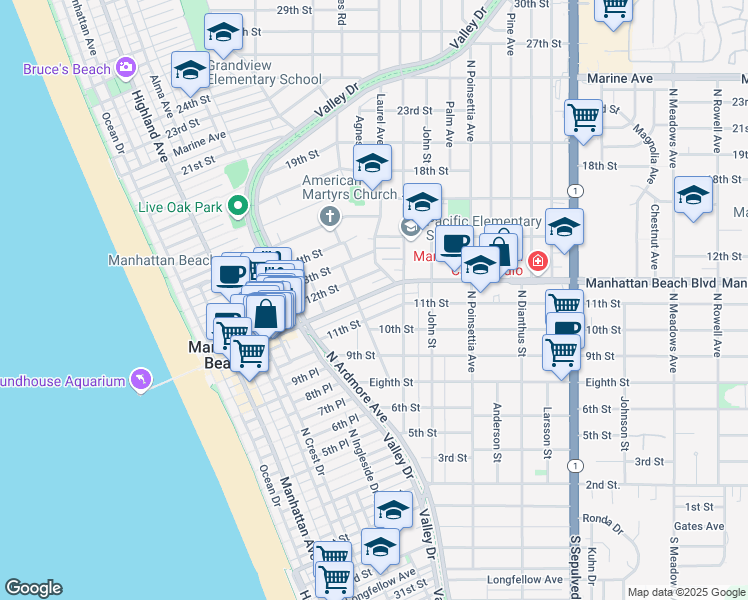 map of restaurants, bars, coffee shops, grocery stores, and more near 755 11th Street in Manhattan Beach