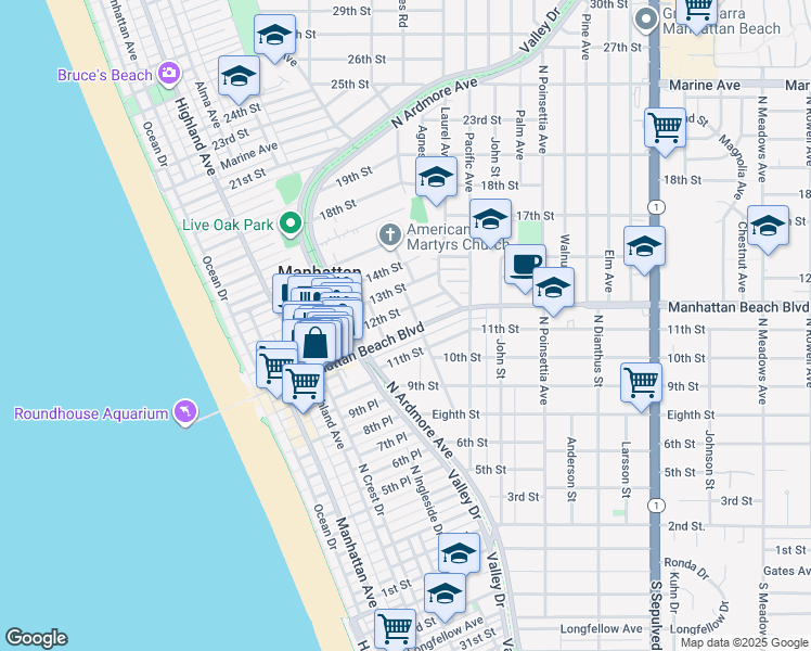map of restaurants, bars, coffee shops, grocery stores, and more near 656 Manhattan Beach Boulevard in Manhattan Beach
