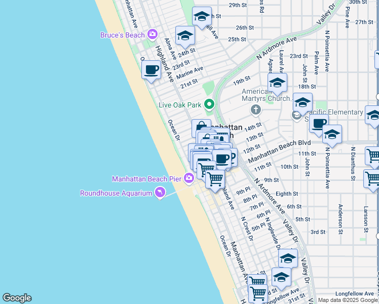 map of restaurants, bars, coffee shops, grocery stores, and more near 1409 Highland Avenue in Manhattan Beach