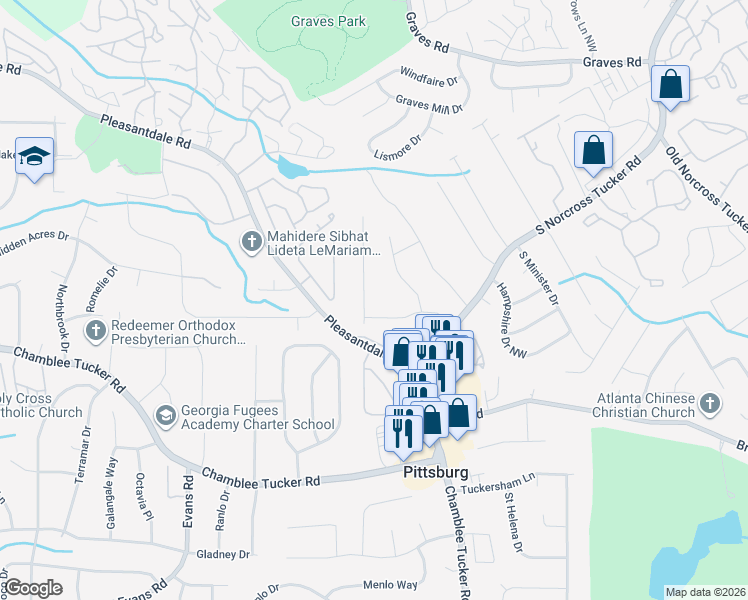 map of restaurants, bars, coffee shops, grocery stores, and more near 3305 Spring Meadow Court in Tucker