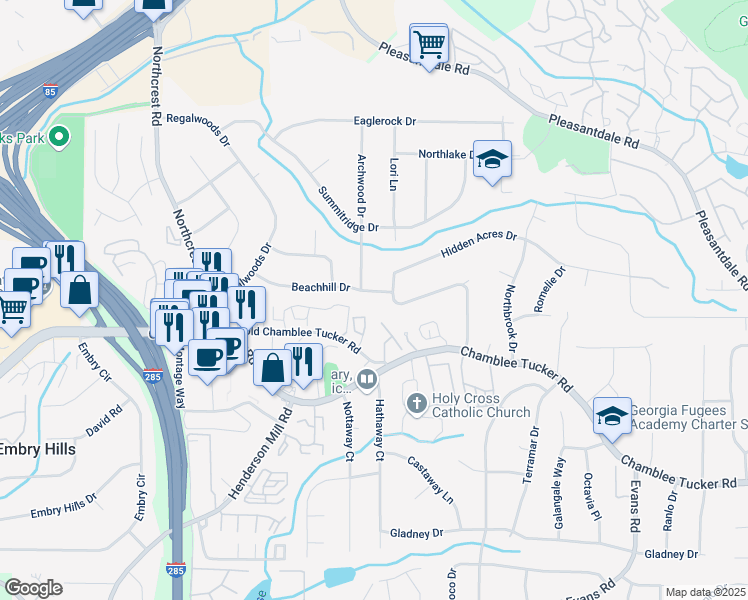 map of restaurants, bars, coffee shops, grocery stores, and more near 3583 Beachhill Drive in Atlanta