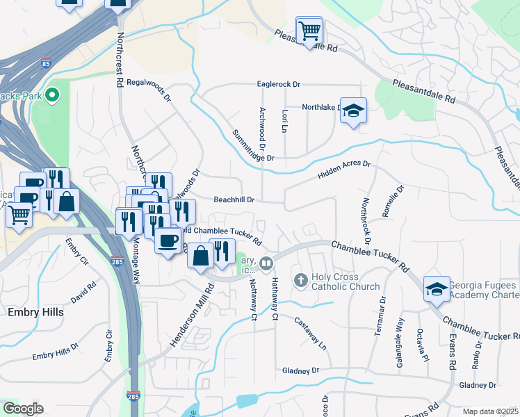 map of restaurants, bars, coffee shops, grocery stores, and more near 3567 Beachhill Drive in Atlanta