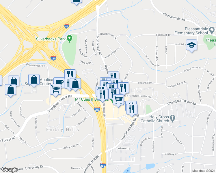 map of restaurants, bars, coffee shops, grocery stores, and more near 3314 Northcrest Road in Doraville