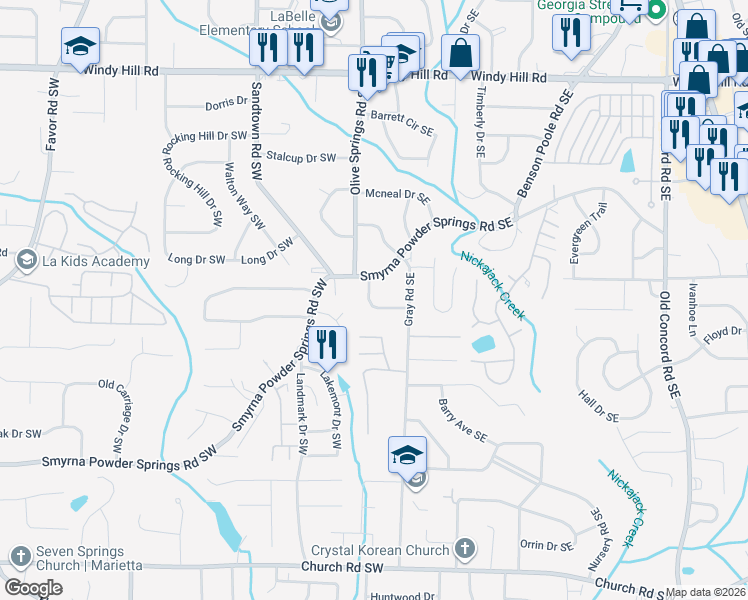 map of restaurants, bars, coffee shops, grocery stores, and more near 29 Overbrook Drive in Smyrna