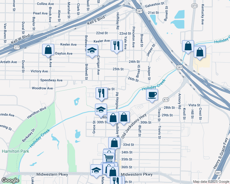 map of restaurants, bars, coffee shops, grocery stores, and more near 2806 Holliday Road in Wichita Falls