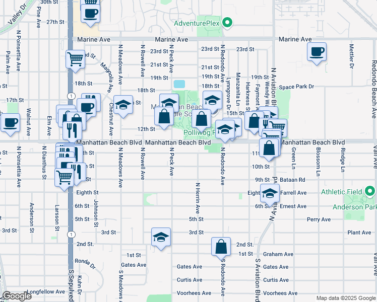 map of restaurants, bars, coffee shops, grocery stores, and more near 1541 11th Street in Manhattan Beach