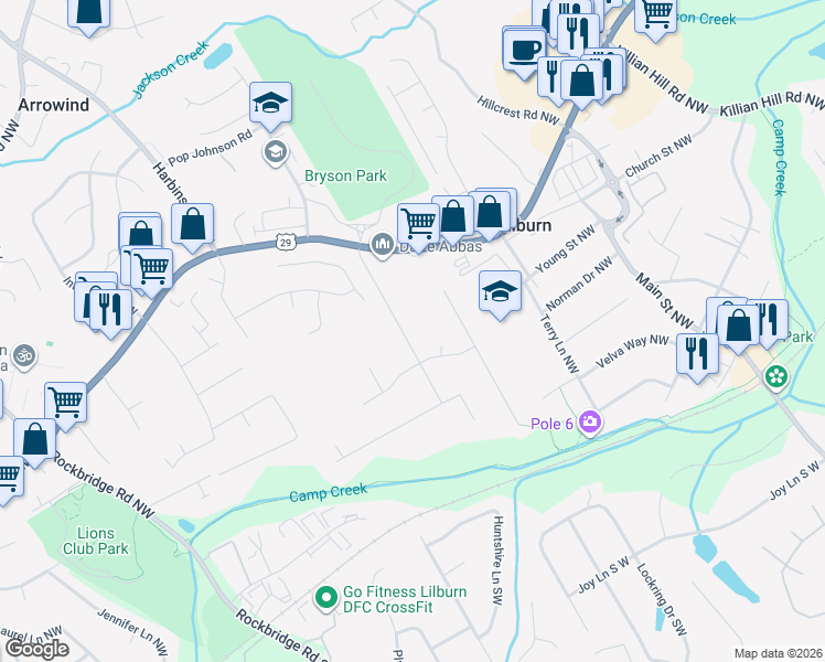 map of restaurants, bars, coffee shops, grocery stores, and more near 268 Hood Road Northwest in Lilburn