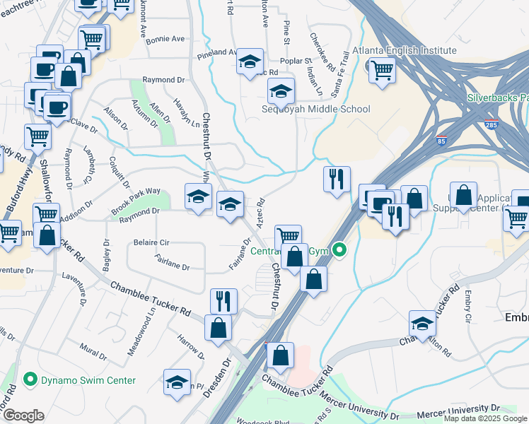 map of restaurants, bars, coffee shops, grocery stores, and more near 3175 Lamp Light Court in Doraville