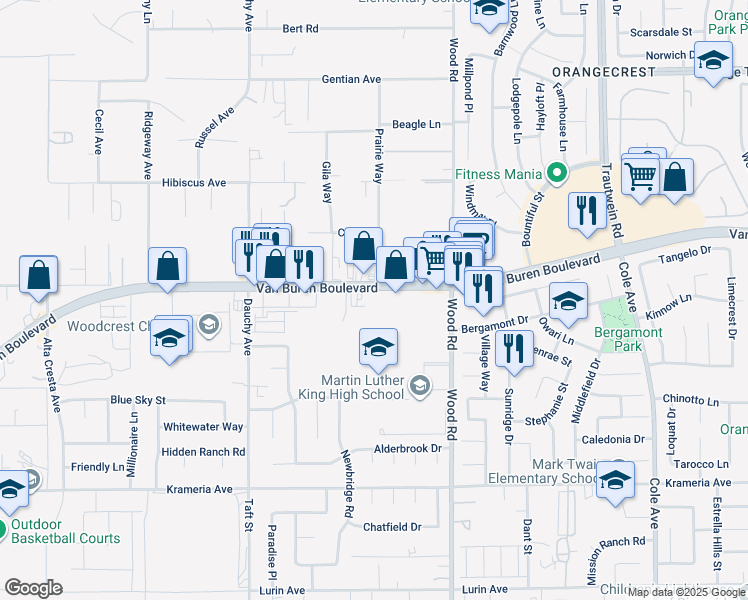 map of restaurants, bars, coffee shops, grocery stores, and more near 18805 Van Buren Boulevard in Riverside